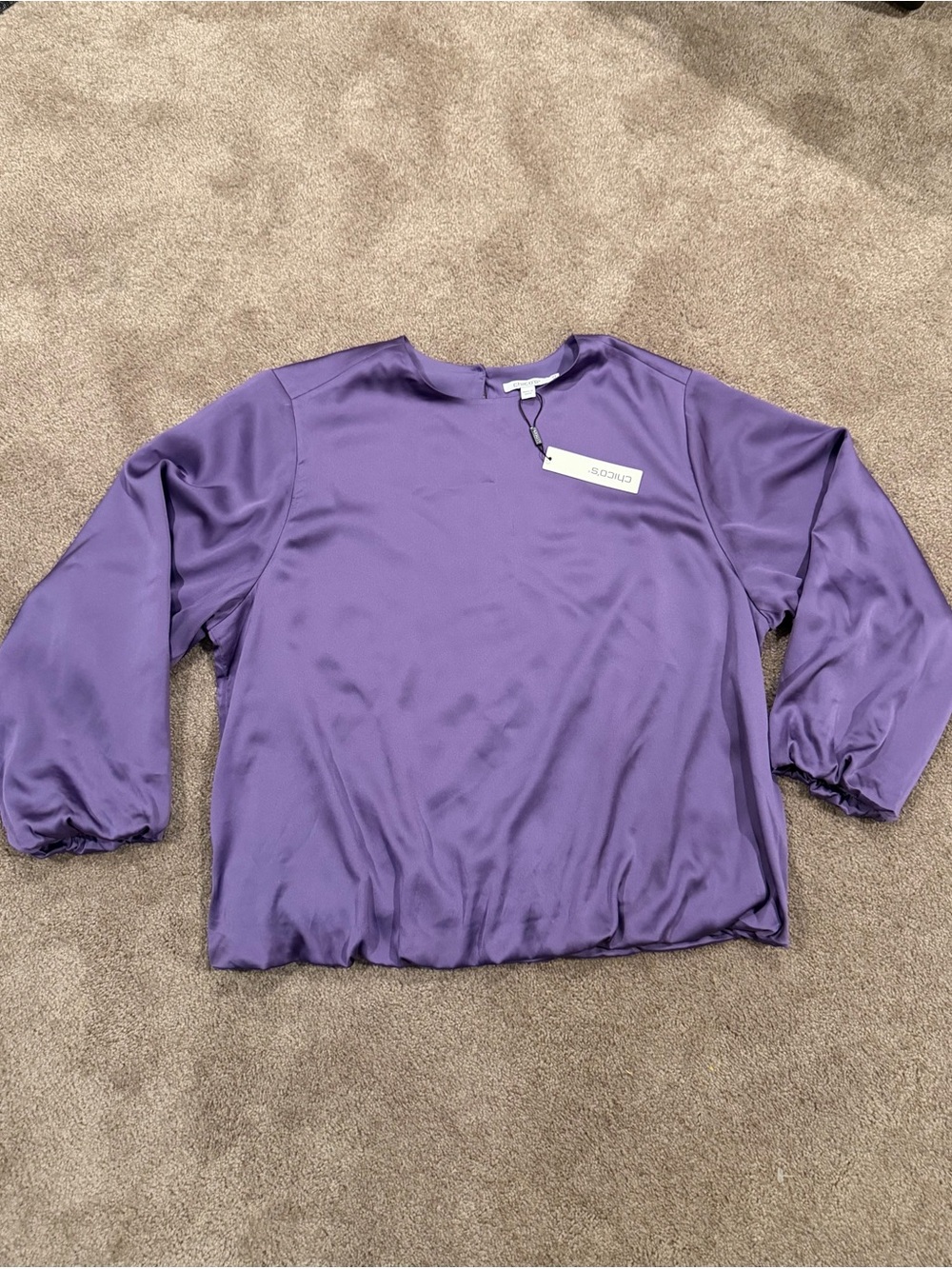 Chico’s Bubble Hem Satin Top 2.5 L Parisian Purple NWT